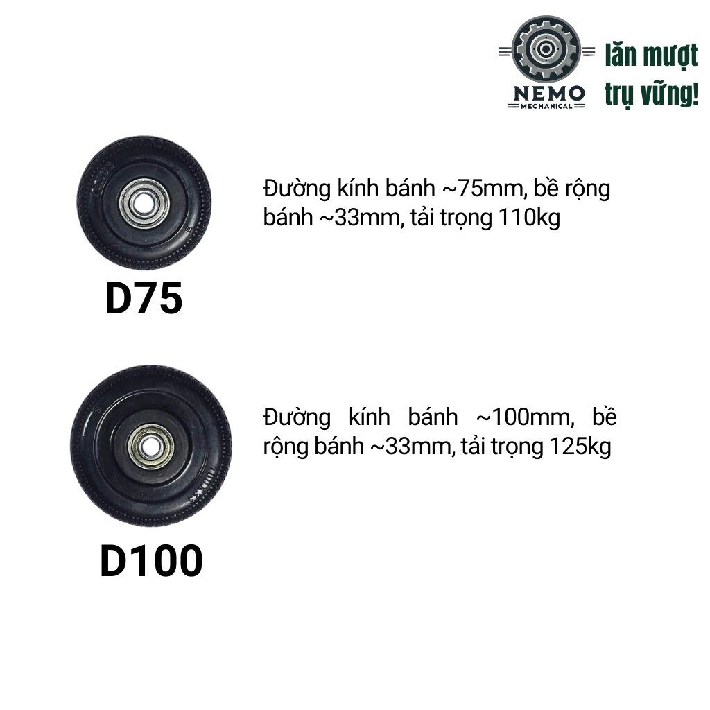 Bánh xe cao su chịu mài mòn cao, có vân bám đường, rất phù hợp cho bề mặt đường thô ráp, ghồ ghề